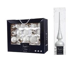 Foto van 42x stuks glazen kerstballen wit/zilver 5-6-7 cm inclusief witte piek - kerstbal