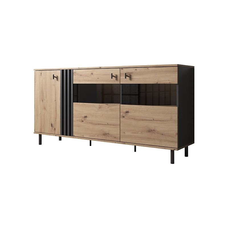 Foto van Meubella dressoir marcos - eiken - antraciet - 165 cm - met glas