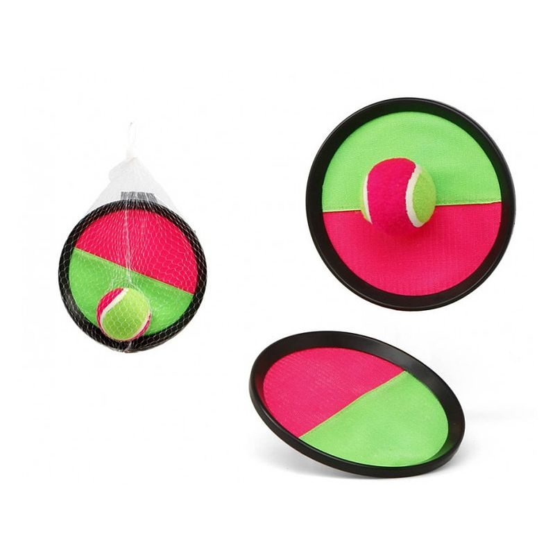 Foto van Strand vangbal spel met klittenband roze/groen - 19cm - buitenspeelgoed - strandspeelgoed - vakantie/camping setje