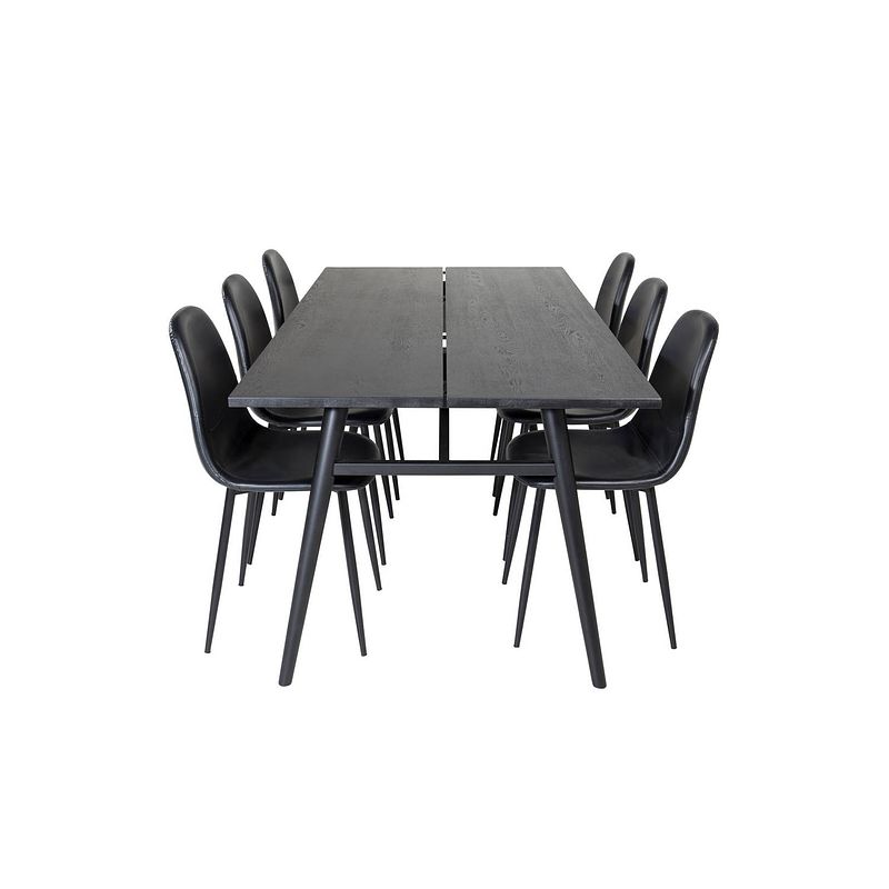 Foto van Sleek eethoek eetkamertafel uitschuifbare tafel lengte cm 195 / 280 zwart en 6 polar eetkamerstal pu kunstleer zwart pu