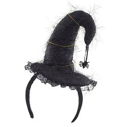Foto van Funny fashion halloween heksenhoed - mini hoedje op diadeem - one size - zwart - meisjes/dames - verkleedhoofddeksels