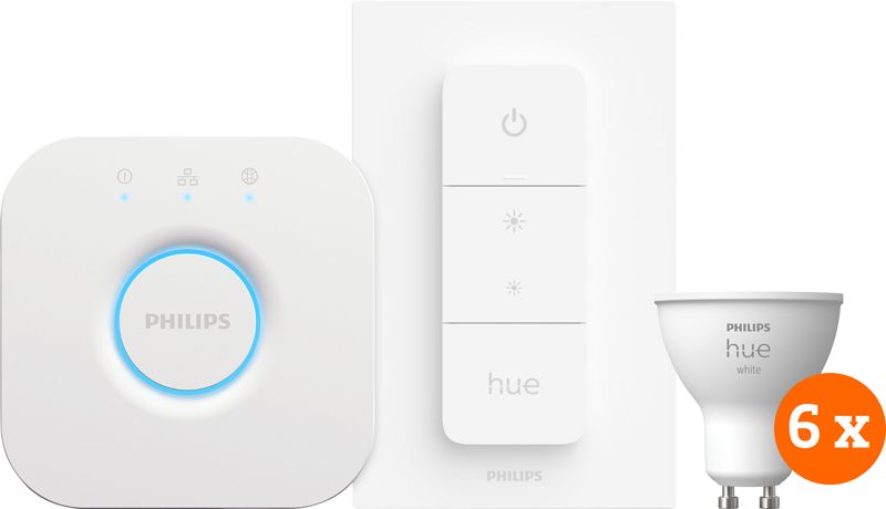 Foto van Philips hue white starter pack gu10 met 6 lampen, dimmer + bridge