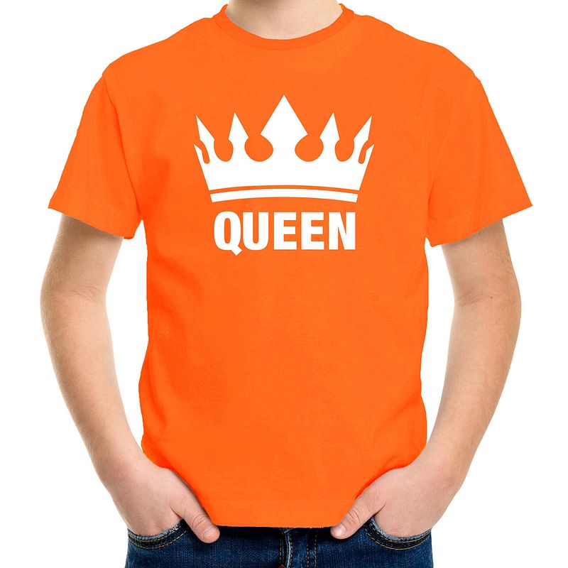 Foto van Oranje koningsdag queen shirt met kroon meisjes xs (110-116)