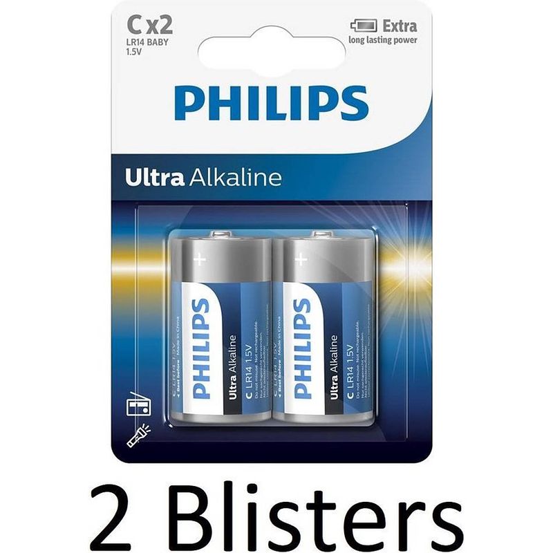 Foto van 4 stuks (2 blisters a 2 st) philips ultra alkalline c batterijen