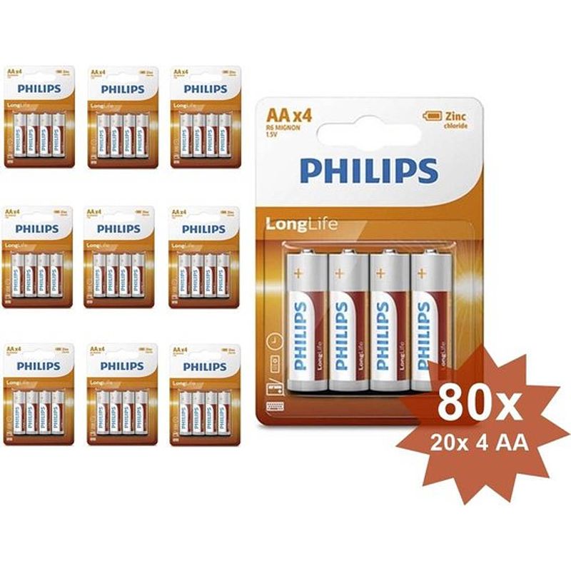 Foto van Philips longlife zinc aa/r6 alkalinebatterij - 80 stuks (20 blisters a 4st)