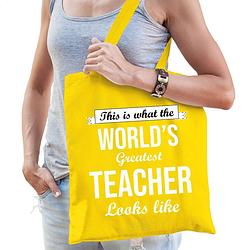 Foto van Cadeau tas voor leraar - geel - katoen - 42 x 38 cm - juffen en meesterdag - feest boodschappentassen