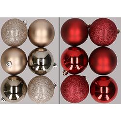 Foto van 12x stuks kunststof kerstballen mix van champagne en donkerrood 8 cm - kerstbal