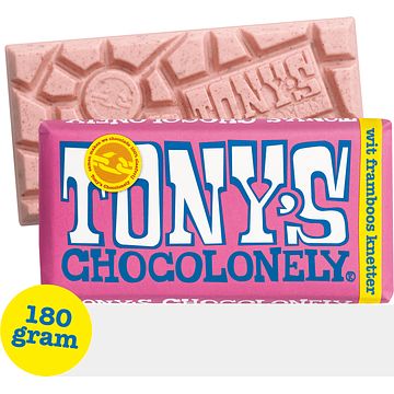 Foto van 2 voor € 4,50 | tony's chocolonely wit 28% framboos knettersuiker chocolade reep 180g aanbieding bij jumbo