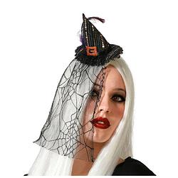 Foto van Halloween heksenhoed - mini hoedje op diadeem - one size - zwart - met sluier - meisjes/dames - verkleedhoofddeksels