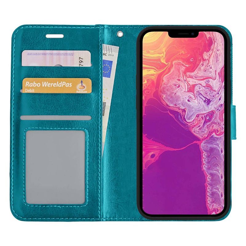 Foto van Basey iphone 13 mini hoesje bookcase kunstleer - iphone 13 mini hoes flip case book cover - turquoise