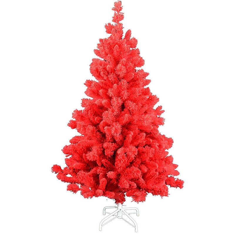 Foto van Teddy red kunstkerstboom - 180 cm - rood - ø 92 cm - 658 tips - met rode sneeuw - metalen voet