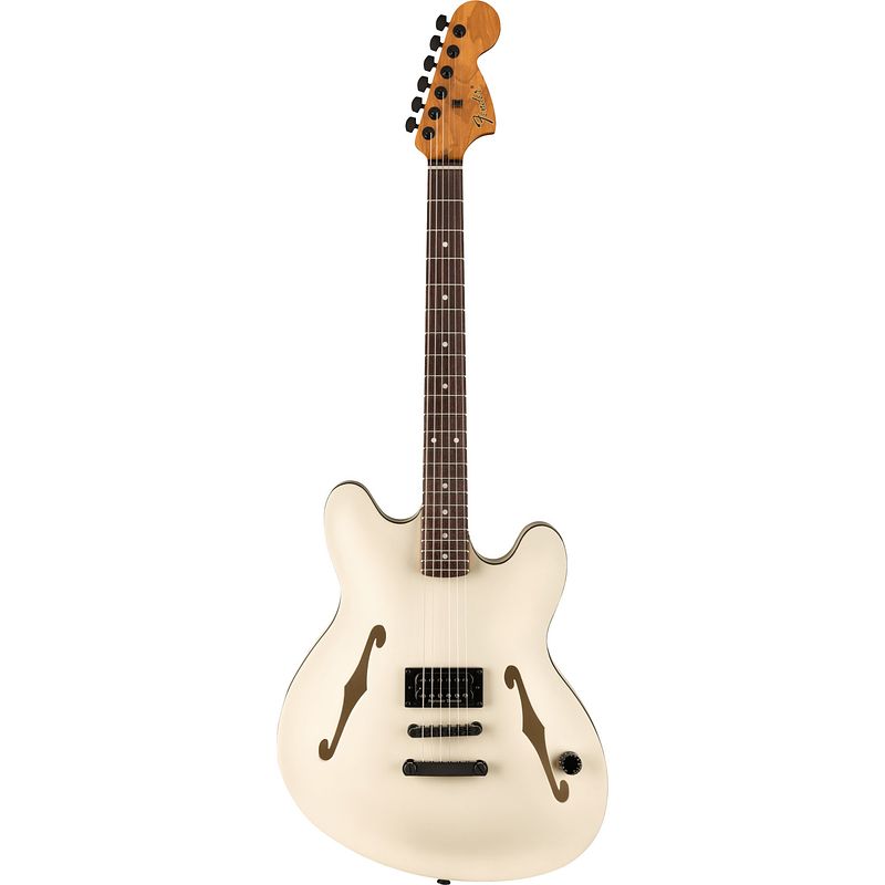 Foto van Fender tom delonge starcaster rw satin olympic white semi-akoestische gitaar