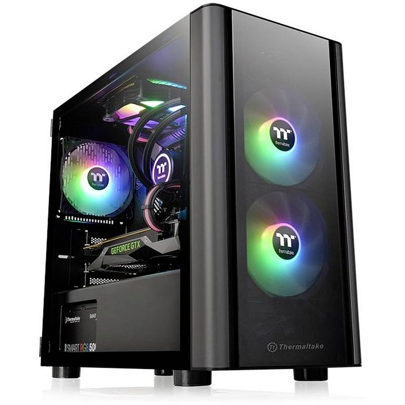 Foto van Thermaltake v150 tg micro-tower pc-behuizing zwart 1 voorgeïnstalleerde led-ventilator, zijvenster, stoffilter