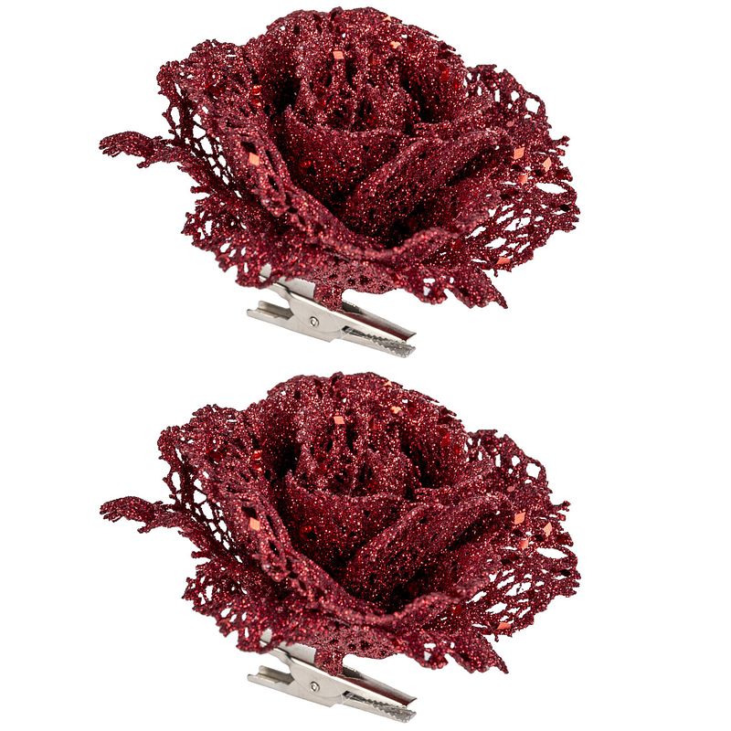 Foto van 2x stuks decoratie bloemen roos rood glitter op clip 10 cm - kersthangers