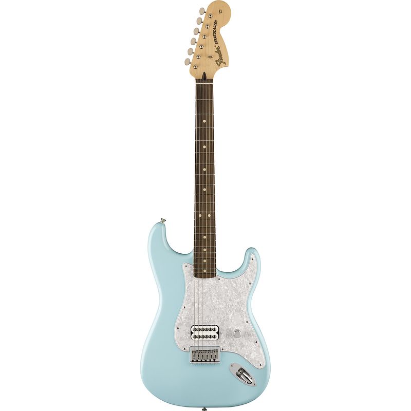 Foto van Fender tom delonge stratocaster rw daphne blue elektrische gitaar met deluxe gigbag