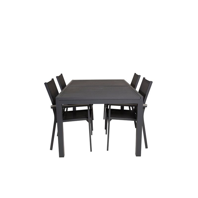 Foto van Marbella tuinmeubelset tafel 100x160/240cm en 4 stoel parma zwart.