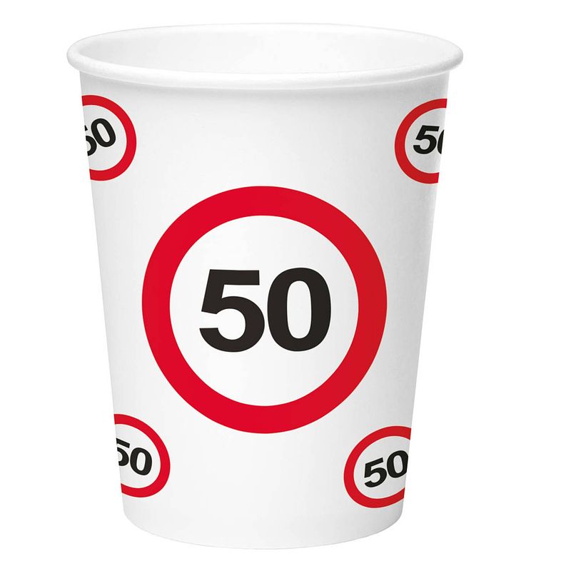 Foto van 16x stuks drinkbekers van papier in 50 jaar verjaardag thema 350 ml - feestbekertjes