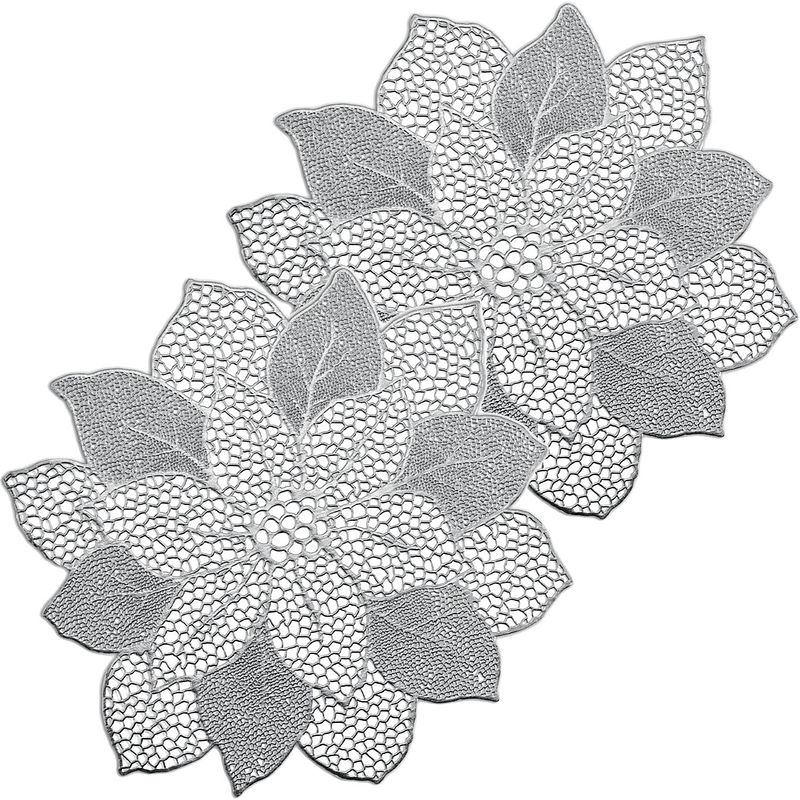 Foto van Placemats bloemen vorm - 6x - kunststof - 49 x 47 cm - zilver - placemats