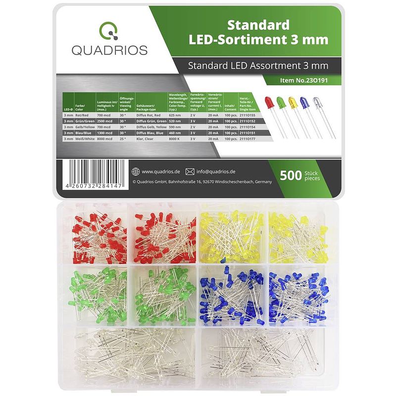 Foto van Quadrios 23o191 led-assortiment rood, groen, geel, blauw, wit 20 ma 2 v, 3 v