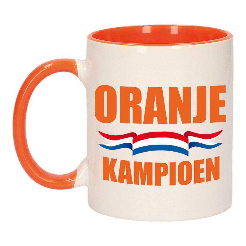 Foto van Oranje kampioen mok/ beker oranje wit 300 ml - feest mokken