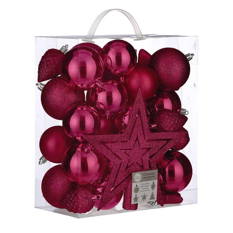 Foto van 39x stuks kunststof kerstballen en kerstornamenten met ster piek roze mix - kerstbal