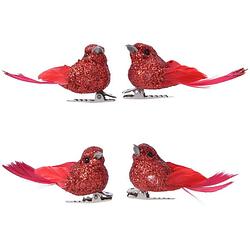 Foto van 4x decoratie vogeltjes glitter rood op clip 5 cm - kerstboomversiering / hobby materiaal / decoratie materialen