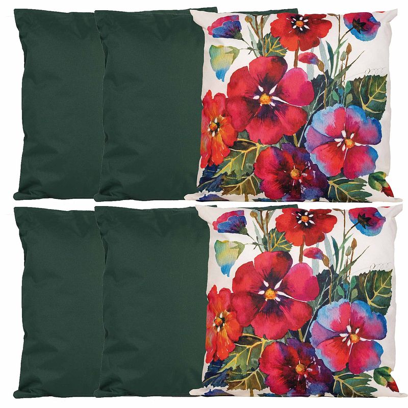 Foto van Bank/tuin kussens set - voor binnen/buiten - 6x stuks - groen/flowers print - 45 x 45 cm - sierkussens