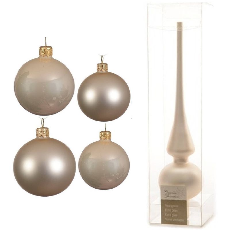 Foto van Glazen kerstballen pakket champagne glans/mat 38x stuks 4 en 6 cm met piek mat - kerstbal