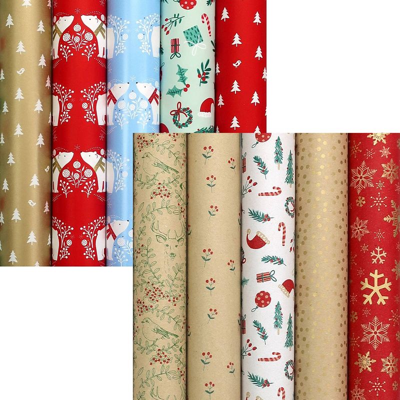 Foto van Santas helper en wintergarden assortiment kerst cadeaupapier inpakpapier - 2 meter x 70 cm - 10 rollen