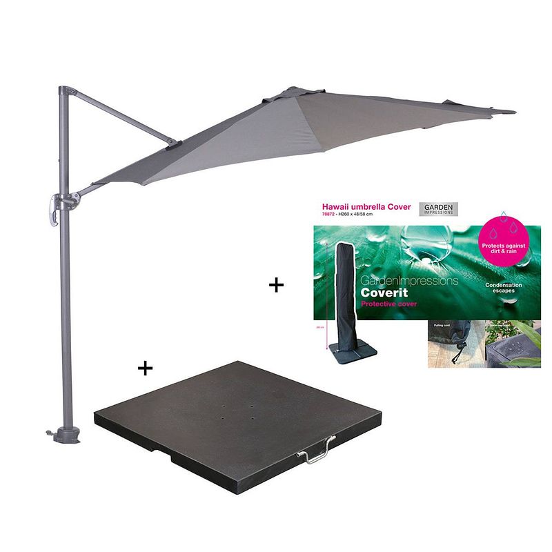 Foto van Garden impressions hawaii zweefparasol s ø300 - donker grijs met 60 kg parasolvoet en parasolhoes