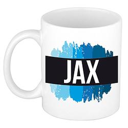 Foto van Naam cadeau mok / beker jax met blauwe verfstrepen 300 ml - naam mokken