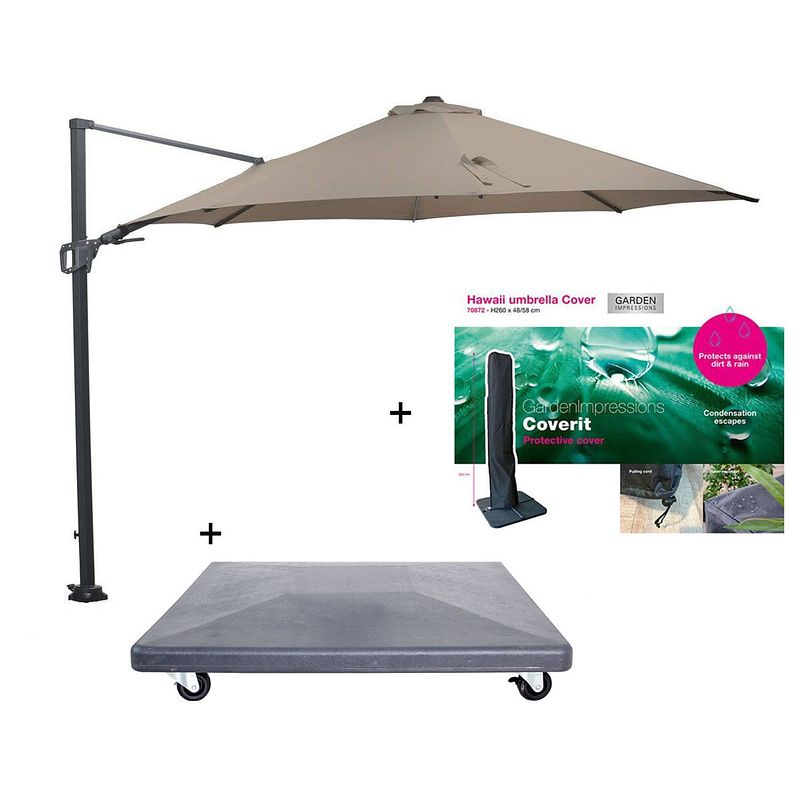 Foto van Garden impressions hawaii zweefparasol ø350 cm donker grijs/taupe incl. verrijdbare voet en parasolhoes