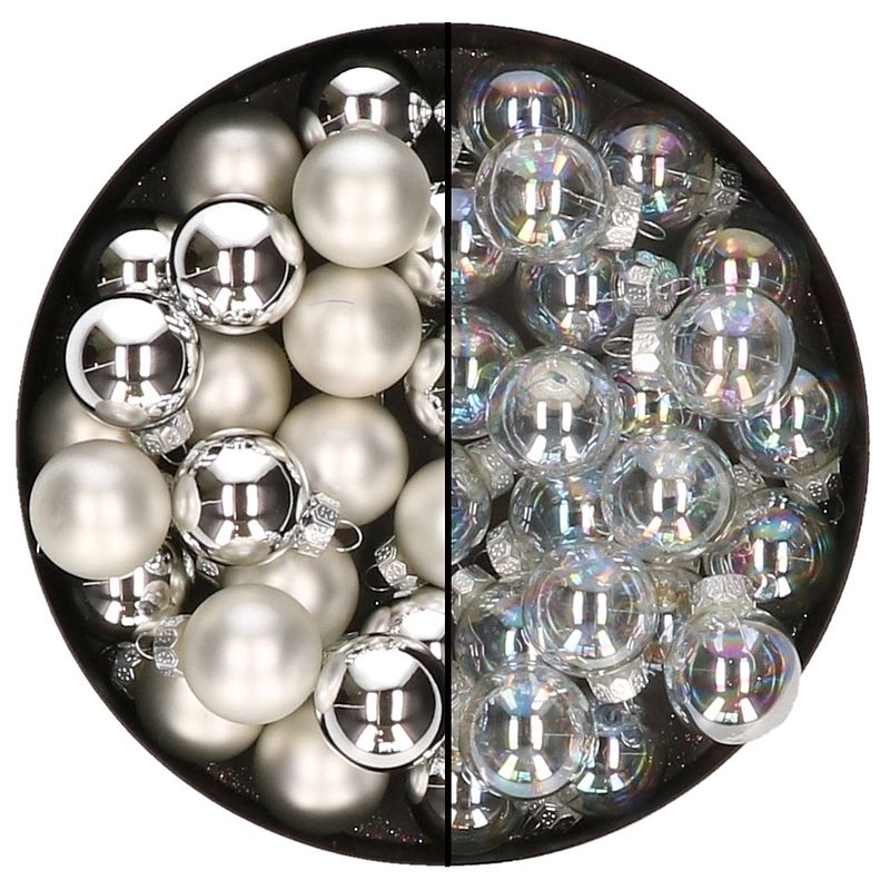 Foto van Mini kerstballen - 48x- zilver en transparant parelmoer -2,5 cm - glas - kerstbal