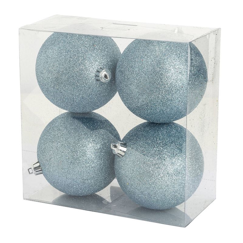Foto van 4x stuks kunststof glitter kerstballen ijsblauw 10 cm - kerstbal