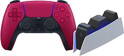 Foto van Sony playstation 5 dualsense draadloze controller cosmic red + bluebuilt oplaadstation