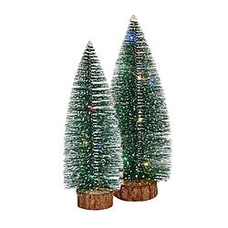 Foto van Kleine/mini decoratie kerstboompjes set van 2x st met gekleurd licht 30-35 cm - kerstdorpen