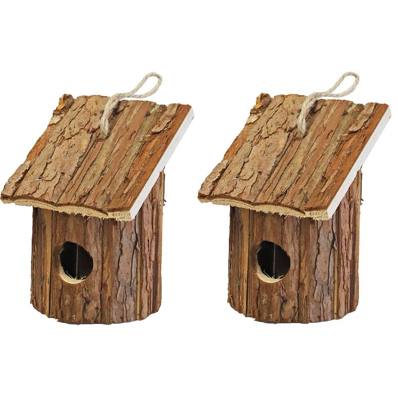 Foto van 2x nestkast/vogelhuisje hout rond naturel bruin 10 x 11 x 16 cm - vogelhuisjes