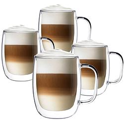 Foto van Luxe dubbelwandige theeglazen - cappuccinoglazen - latte macchiato glazen dubbelwandig met oor - 400 ml - set van 4