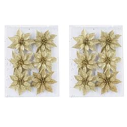 Foto van 24x stuks decoratie bloemen rozen goud glitter op ijzerdraad 8 cm - kersthangers