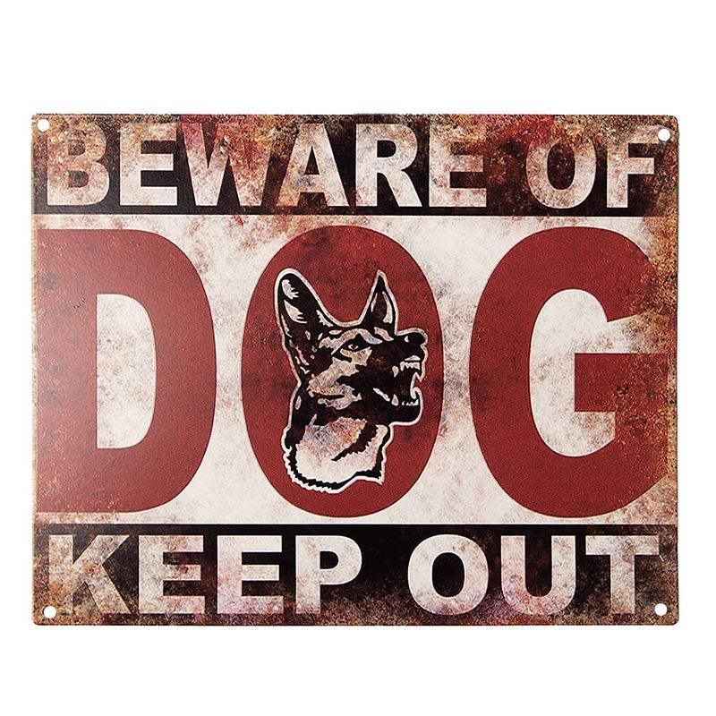 Foto van Clayre & eef tekstbord 25x20 cm rood beige ijzer hond beware of dog keep out wandbord spreuk wandplaat rood wandbord