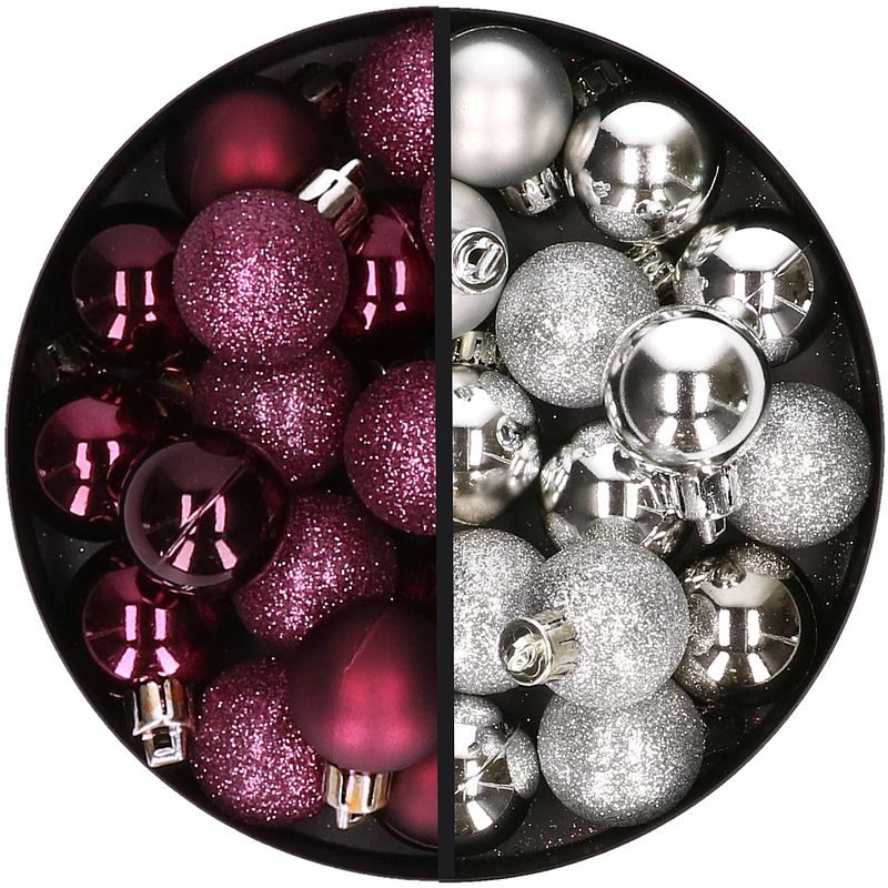 Foto van 34x stuks kunststof kerstballen aubergine paars en zilver 3 cm - kerstbal