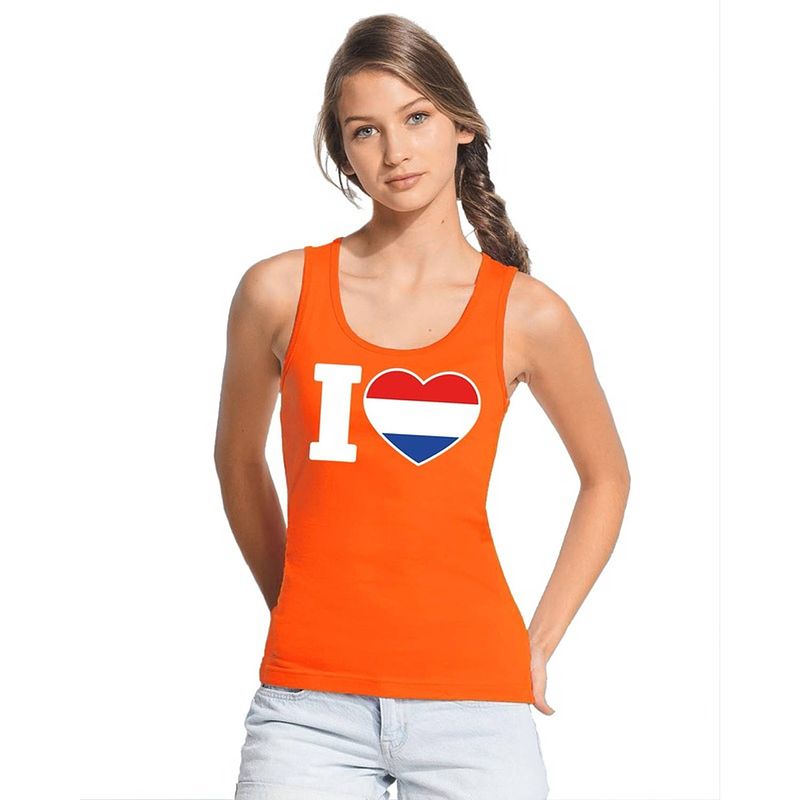 Foto van Oranje i love holland tanktop shirt/ singlet dames - oranje koningsdag/ holland supporter kleding m