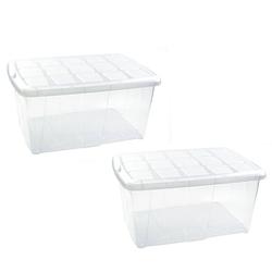 Foto van 2x opslagbakken/organizers met deksel 60 liter 63 x 46 x 32 transparant/wit - opbergbox