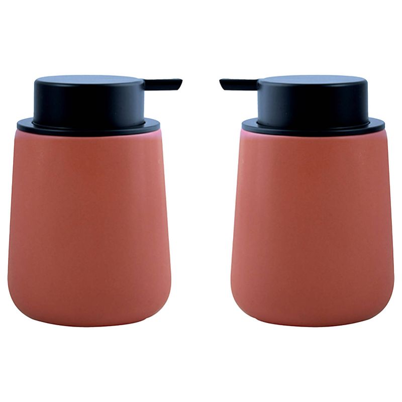 Foto van Msv zeeppompje/dispenser malmo - 2x - keramiek - terracotta/zilver - 8,5 x 12 cm - 300 ml - zeeppompjes