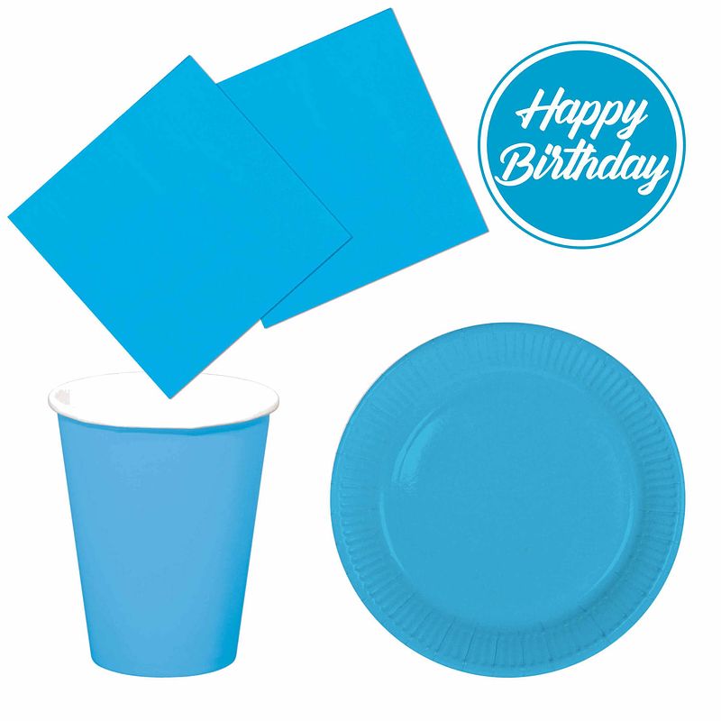 Foto van Tafel dekken feestartikelen kleur blauw 40x bordjes/40x drink bekers/40x servetten - feestpakketten