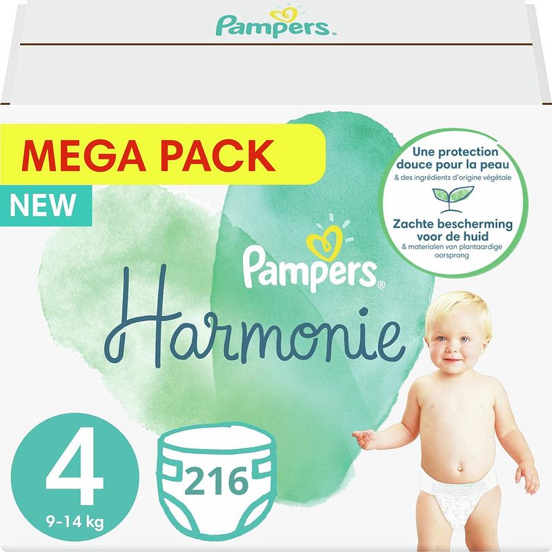 Foto van Pampers harmonie / pure maat 4 (9-14kg) - 216 stuks - met 0% parfum - voordeelverpakking