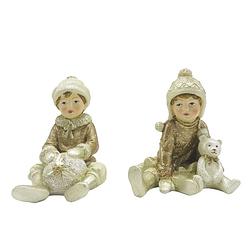 Foto van Clayre & eef beeld set van 2 kinderen 9 cm beige goudkleurig kunststof decoratief figuur decoratieve accessoires