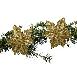 Foto van 2x stuks kerstboom decoratie bloemen goud glitter op clip 23 cm - kunstbloemen