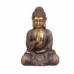 Foto van Boeddha beeldje zittend - binnen/buiten - kunststeen - bruin/goud - 30 x 45 cm - beeldjes