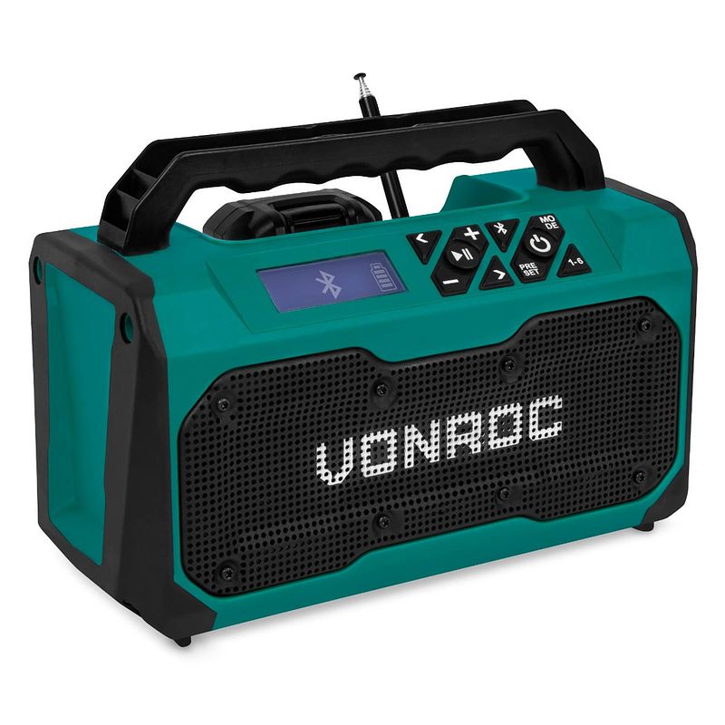 Foto van Vonroc accu bouwradio 20v - fm, bluetooth & usb - bass-reflex poort speakers - incl. 2.0ah accu en snellader
